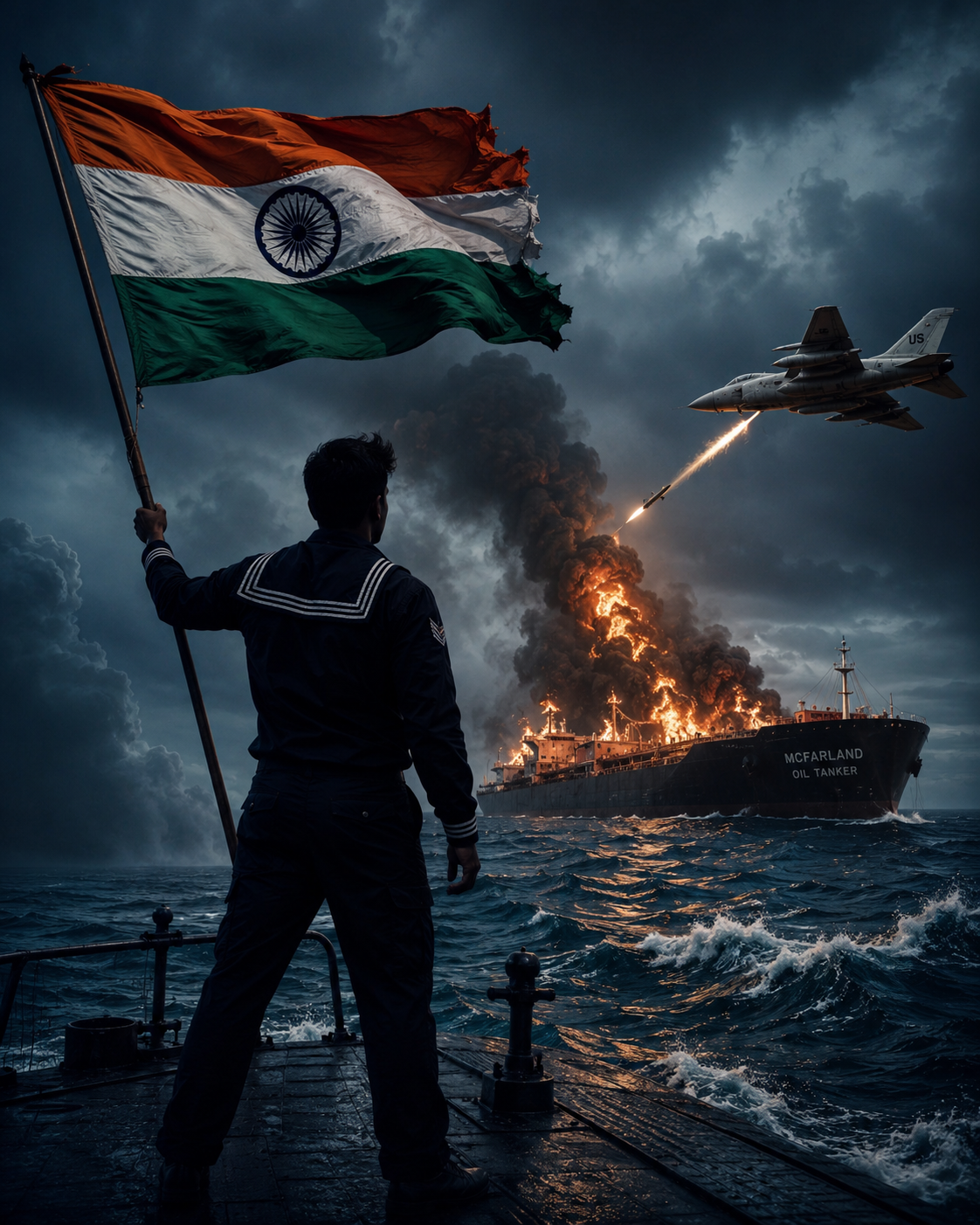 भारतीय नाविक tiranga lekar khada hai jab American jet tanker par missile daagta hai